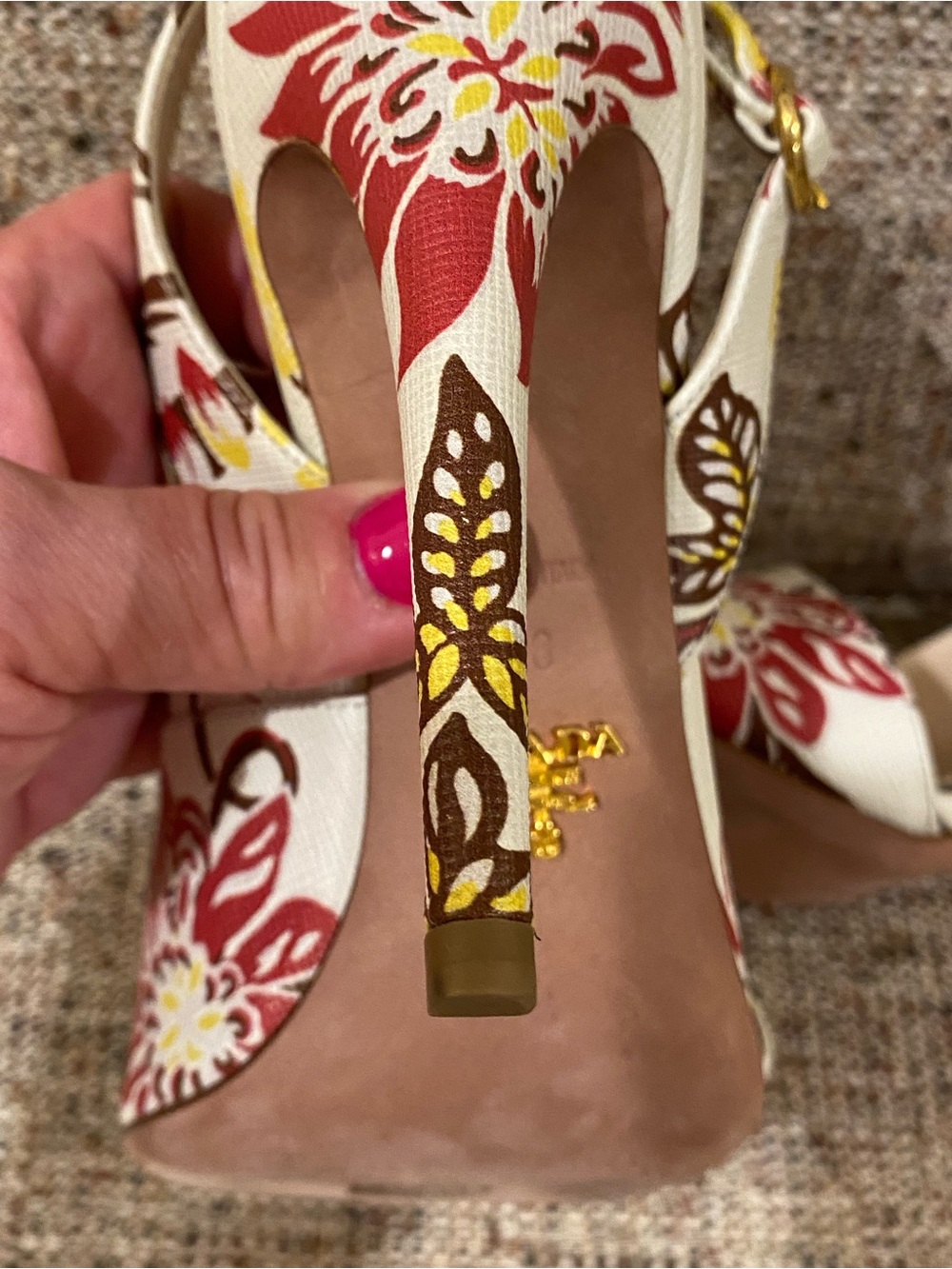Prada Cream Floral Slingback Heels with Red & Yellow Accents - Picture 11 of 14